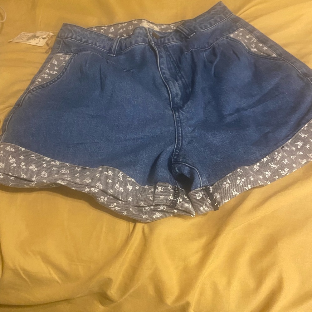 Easel Blue and Gray Jean Shorts with Distressed Hem